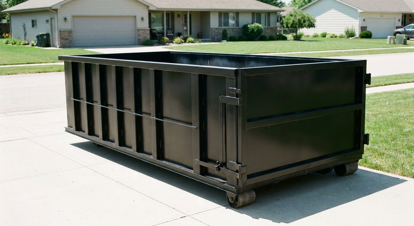 Matte-black 10-yard roll-off dumpster on a residential concrete driveway in Denton, uniformly painted matte black across every panel and rail, ribbed steel sidewalls and rear swing door visible, mid-day daylight.