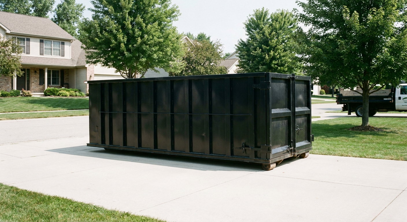 Matte-black 20-yard roll-off dumpster sitting level on a clean Denton residential concrete driveway under bright daylight, demonstrating clean placement directly on the concrete.